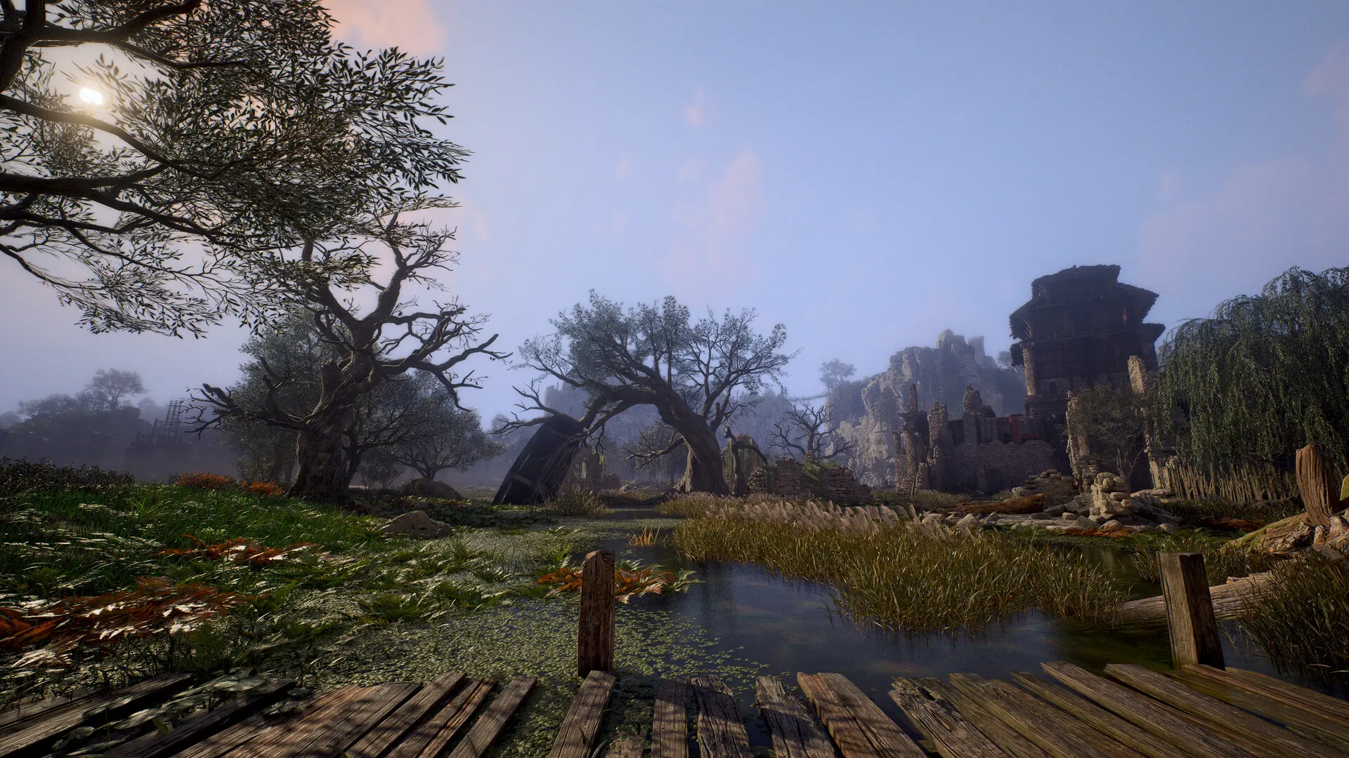 Wooden walkways, water and ancient ruins beneath the mountains of Auroria in ArcheAge Chronicles promotional imagery.