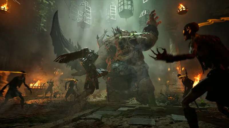 Several adventurers confront a large enemy inside a torchlit hall in ArcheAge Chronicles promotional imagery.