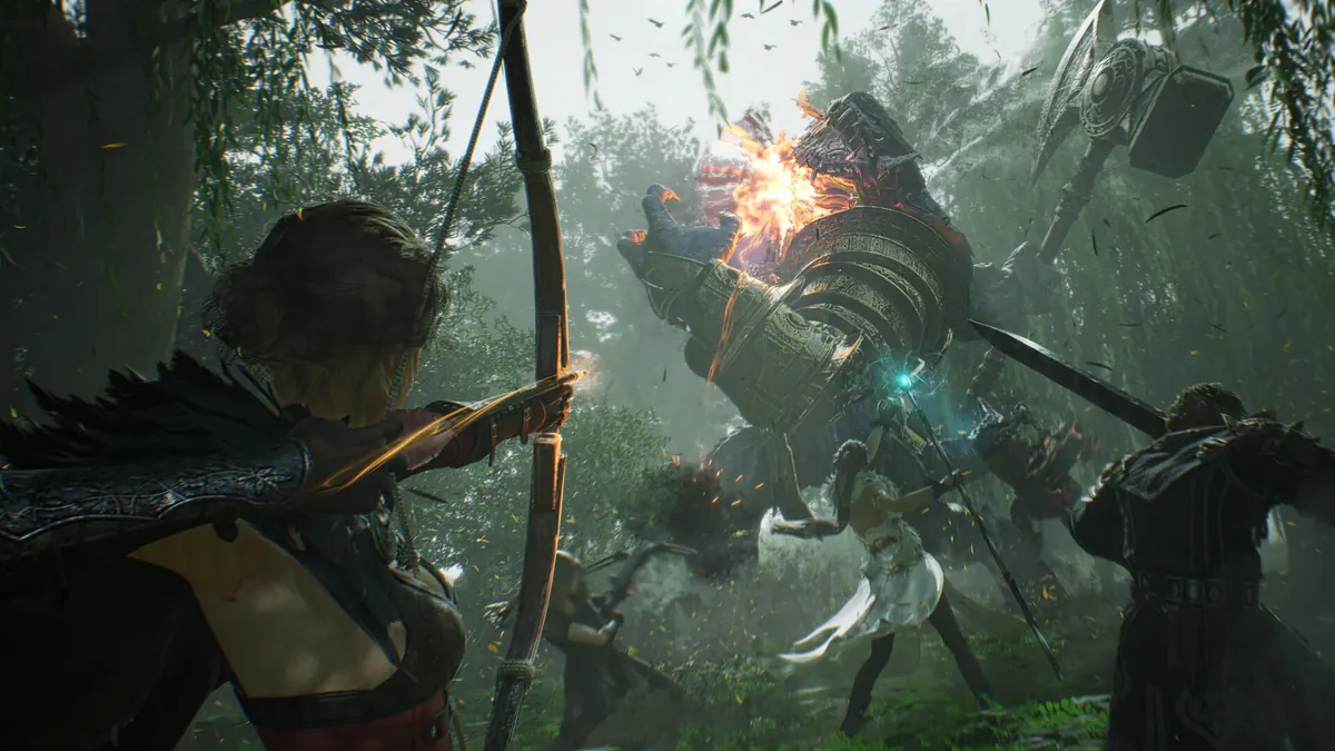 ArcheAge Chronicles promotional combat scene with a bow-wielding adventurer facing an armored enemy.