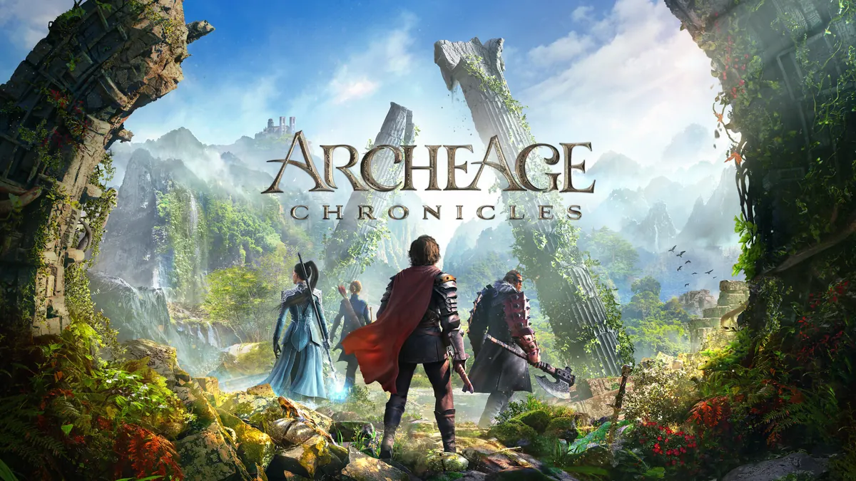 ArcheAge Chronicles official artwork of explorers approaching the ruins of Auroria.