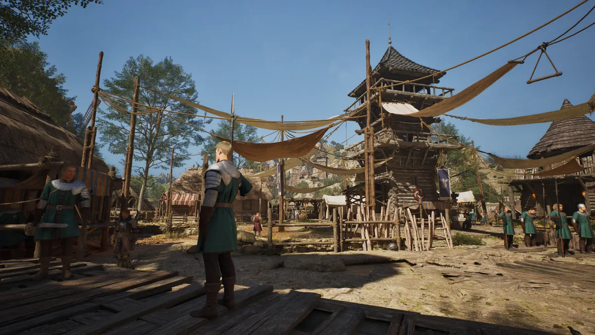 ArcheAge Chronicles official screenshot of timber buildings and a settlement by the water.