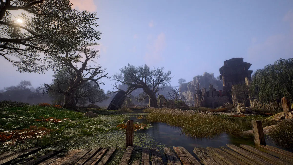 ArcheAge Chronicles official screenshot of a forested region, water and distant Auroria ruins.