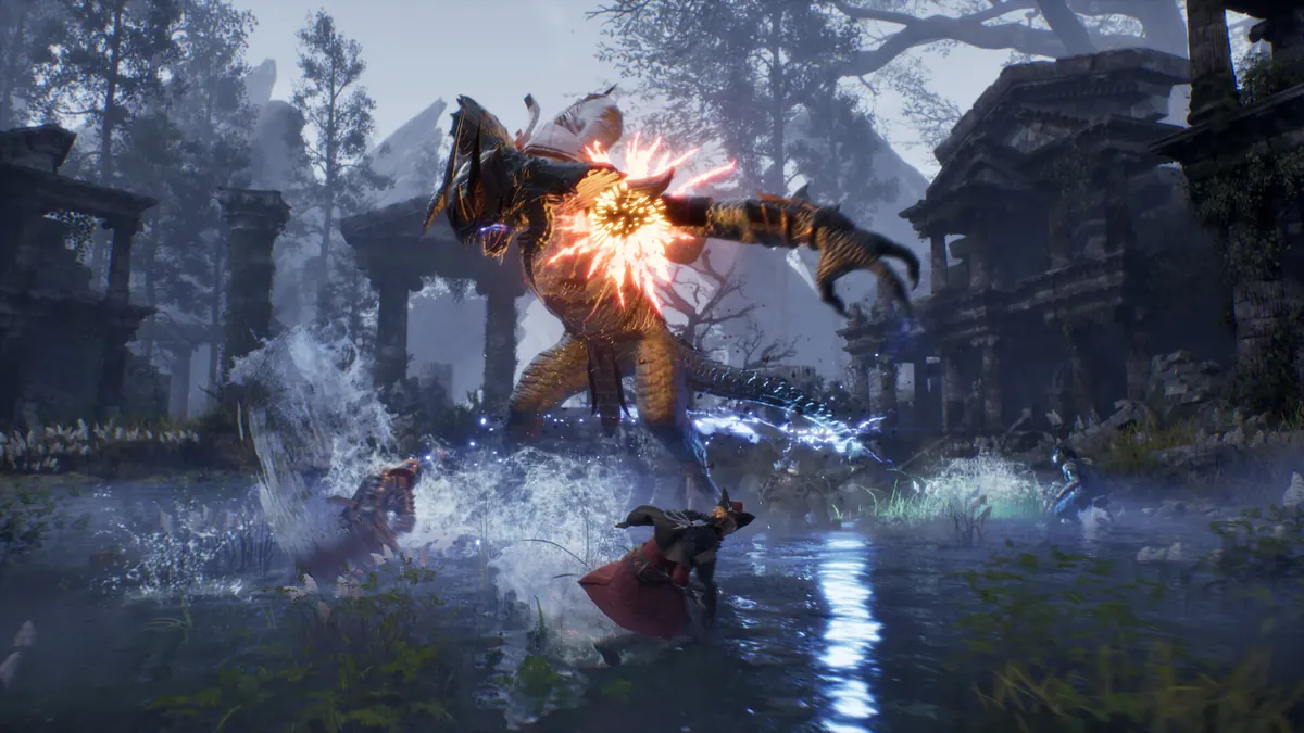 ArcheAge Chronicles official combat screenshot with two characters clashing amid blue and orange effects.