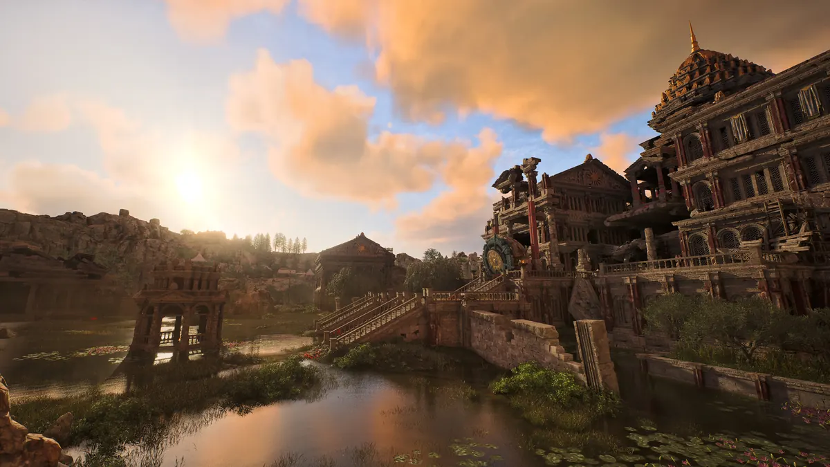 ArcheAge Chronicles official screenshot of a river settlement with wooden walkways and buildings.