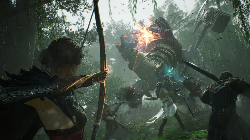 A bow-wielding adventurer faces a large armored enemy in an ArcheAge Chronicles promotional combat scene.
