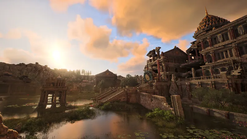 A wooden settlement stretches along a river beneath a warm evening sky in ArcheAge Chronicles promotional imagery.
